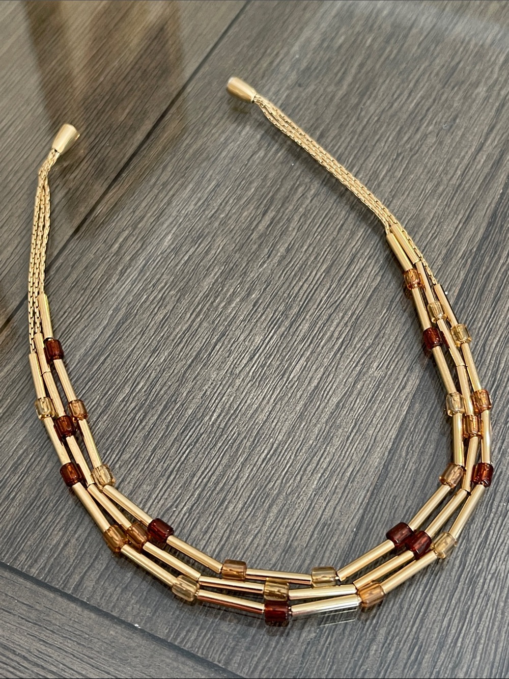 Vintage Classy Three Strand Gold-tone Metal Tube Bead Necklace & Neutral Accents